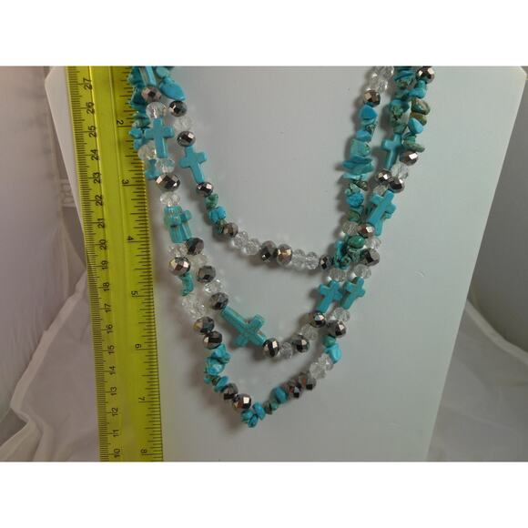 Handcrafted Turquoise Blue Nugget Cross Crystal Necklace Vintage Boho Chic - Picture 3 of 6